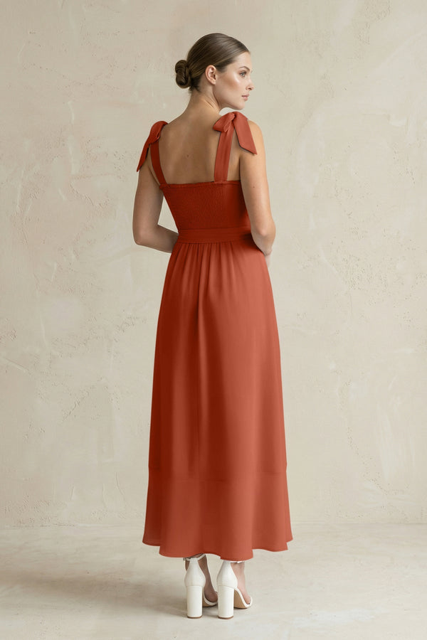 Square Neck A - Line Chiffon Midi Bridesmaid Dress with Bow in Spice - KissProm Bridesmaid Dresses