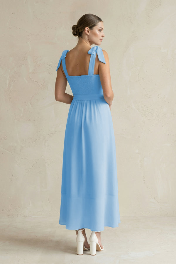 Square Neck A - Line Chiffon Midi Bridesmaid Dress with Bow in Steel Blue - KissProm Bridesmaid Dresses
