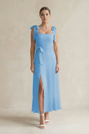 Square Neck A - Line Chiffon Midi Bridesmaid Dress with Bow in Steel Blue - KissProm Bridesmaid Dresses