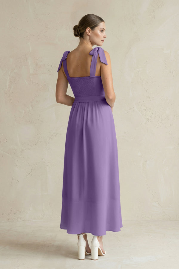 Square Neck A - Line Chiffon Midi Bridesmaid Dress with Bow in Tahiti - KissProm Bridesmaid Dresses