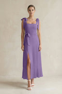 Square Neck A - Line Chiffon Midi Bridesmaid Dress with Bow in Tahiti - KissProm Bridesmaid Dresses