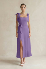Square Neck A - Line Chiffon Midi Bridesmaid Dress with Bow in Tahiti - KissProm Bridesmaid Dresses