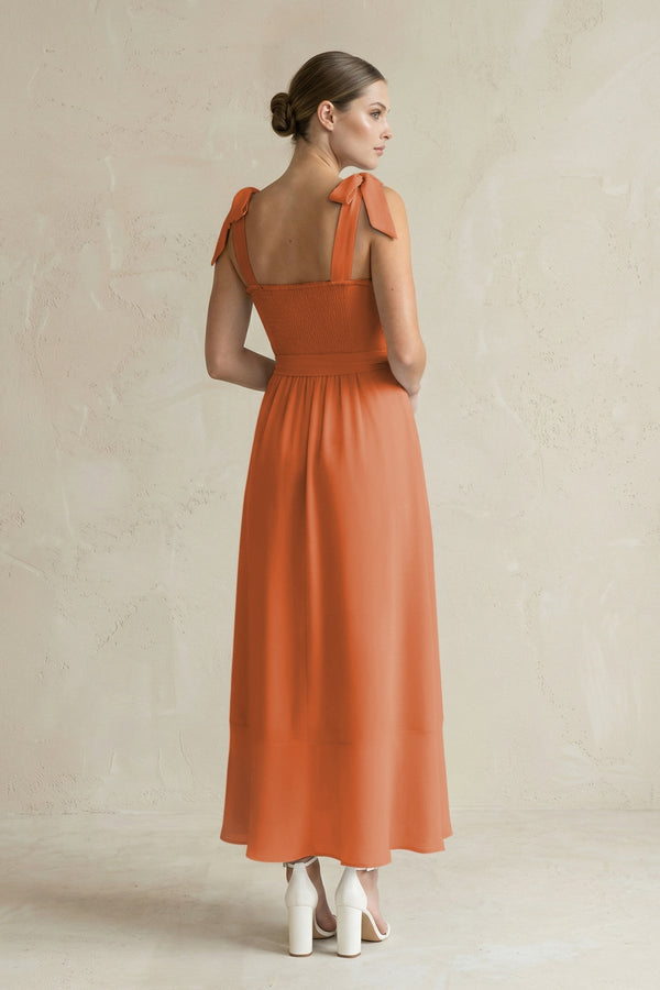 Square Neck A - Line Chiffon Midi Bridesmaid Dress with Bow in Terracotta - KissProm Bridesmaid Dresses
