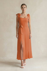 Square Neck A - Line Chiffon Midi Bridesmaid Dress with Bow in Terracotta - KissProm Bridesmaid Dresses