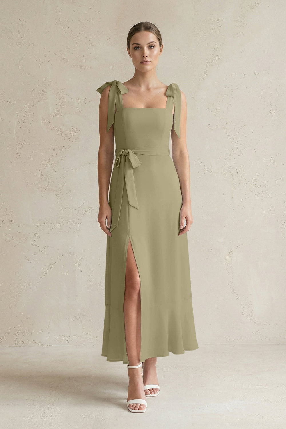 Square Neck A - Line Chiffon Midi Bridesmaid Dress with Bow in Thyme - KissProm Bridesmaid Dresses