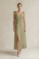 Square Neck A - Line Chiffon Midi Bridesmaid Dress with Bow in Thyme - KissProm Bridesmaid Dresses