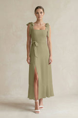 Square Neck A - Line Chiffon Midi Bridesmaid Dress with Bow in Thyme - KissProm Bridesmaid Dresses