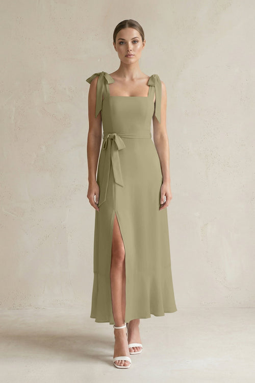 Square Neck A - Line Chiffon Midi Bridesmaid Dress with Bow in Thyme - KissProm Bridesmaid Dresses