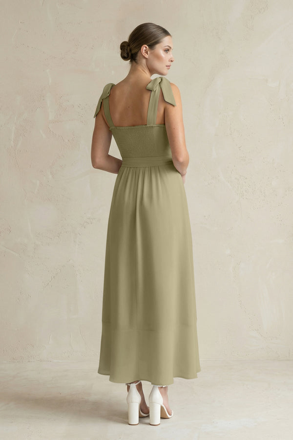 Square Neck A - Line Chiffon Midi Bridesmaid Dress with Bow in Thyme - KissProm Bridesmaid Dresses