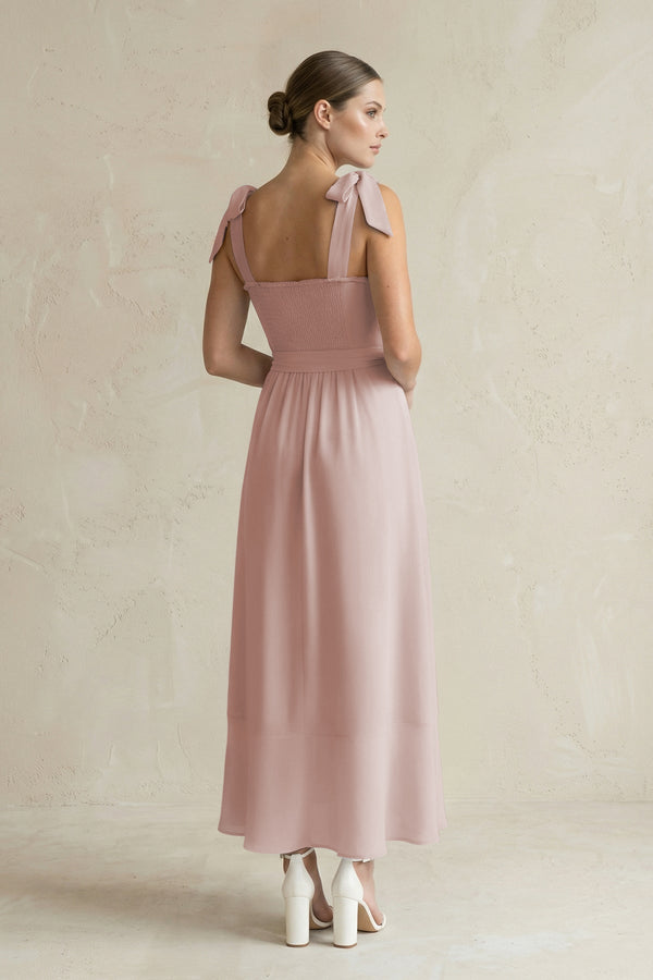 Square Neck A - Line Chiffon Midi Bridesmaid Dress with Bow in Toffee - KissProm Bridesmaid Dresses