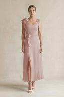 Square Neck A - Line Chiffon Midi Bridesmaid Dress with Bow in Toffee - KissProm Bridesmaid Dresses