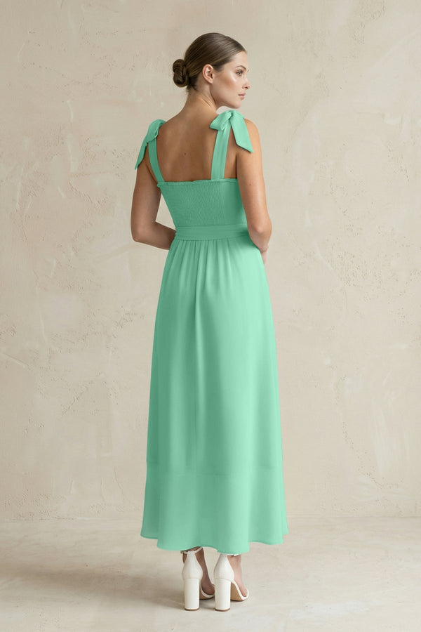 Square Neck A - Line Chiffon Midi Bridesmaid Dress with Bow in Turquoise - KissProm Bridesmaid Dresses