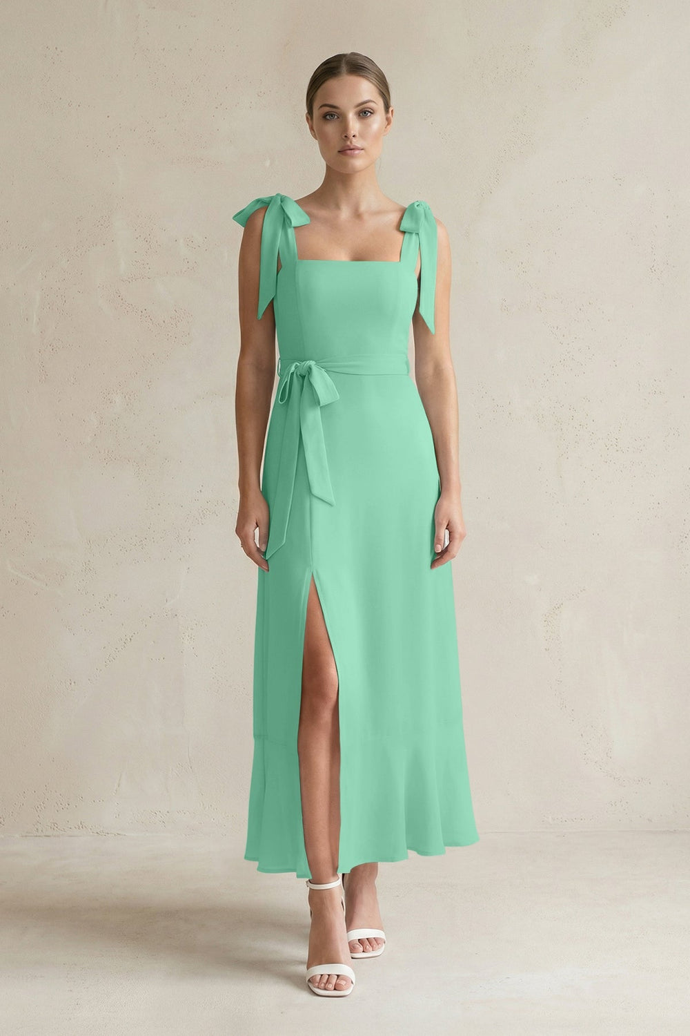 Square Neck A - Line Chiffon Midi Bridesmaid Dress with Bow in Turquoise - KissProm Bridesmaid Dresses