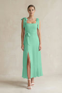 Square Neck A - Line Chiffon Midi Bridesmaid Dress with Bow in Turquoise - KissProm Bridesmaid Dresses
