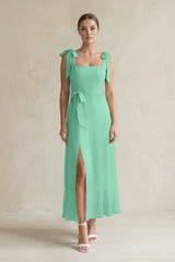 Square Neck A - Line Chiffon Midi Bridesmaid Dress with Bow in Turquoise - KissProm Bridesmaid Dresses