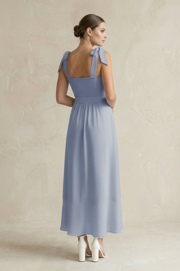 Square Neck A - Line Chiffon Midi Bridesmaid Dress with Bow in Twilight - KissProm Bridesmaid Dresses