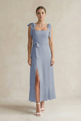 Square Neck A - Line Chiffon Midi Bridesmaid Dress with Bow in Twilight - KissProm Bridesmaid Dresses
