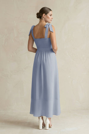 Square Neck A - Line Chiffon Midi Bridesmaid Dress with Bow in Twilight - KissProm Bridesmaid Dresses