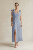 Square Neck A - Line Chiffon Midi Bridesmaid Dress with Bow in Twilight - KissProm Bridesmaid Dresses