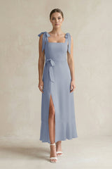 Square Neck A - Line Chiffon Midi Bridesmaid Dress with Bow in Twilight - KissProm Bridesmaid Dresses