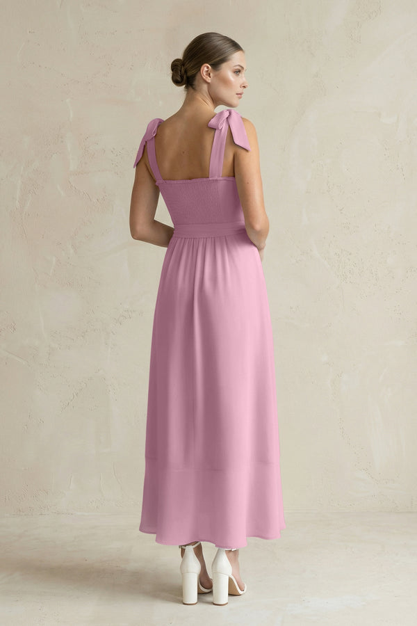 Square Neck A - Line Chiffon Midi Bridesmaid Dress with Bow in Vintage Mauve - KissProm Bridesmaid Dresses