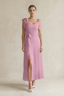Square Neck A - Line Chiffon Midi Bridesmaid Dress with Bow in Vintage Mauve - KissProm Bridesmaid Dresses