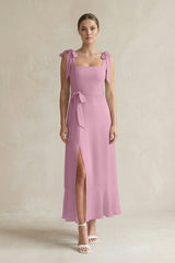 Square Neck A - Line Chiffon Midi Bridesmaid Dress with Bow in Vintage Mauve - KissProm Bridesmaid Dresses
