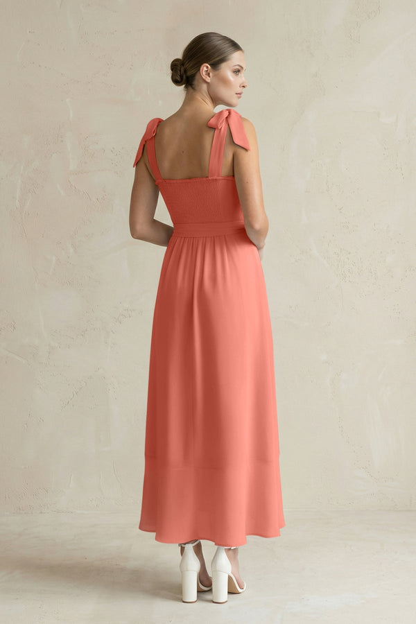 Square Neck A - Line Chiffon Midi Bridesmaid Dress with Bow in Wild Rose - KissProm Bridesmaid Dresses