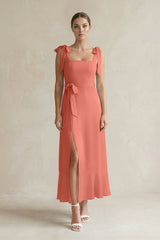 Square Neck A - Line Chiffon Midi Bridesmaid Dress with Bow in Wild Rose - KissProm Bridesmaid Dresses