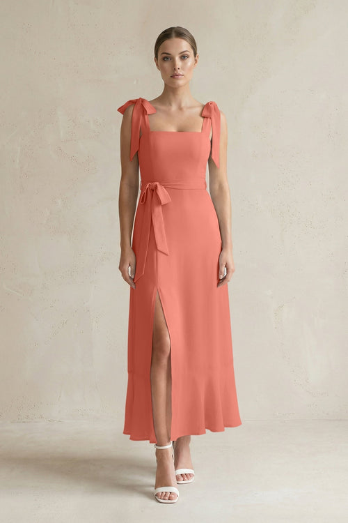 Square Neck A - Line Chiffon Midi Bridesmaid Dress with Bow in Wild Rose - KissProm Bridesmaid Dresses
