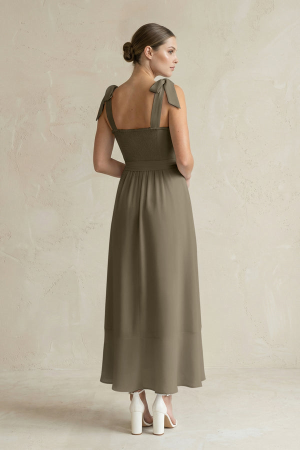 Square Neck A - Line Chiffon Midi Bridesmaid Dress with Bow in Willow Green - KissProm Bridesmaid Dresses