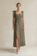 Square Neck A - Line Chiffon Midi Bridesmaid Dress with Bow in Willow Green - KissProm Bridesmaid Dresses