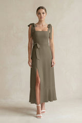 Square Neck A - Line Chiffon Midi Bridesmaid Dress with Bow in Willow Green - KissProm Bridesmaid Dresses