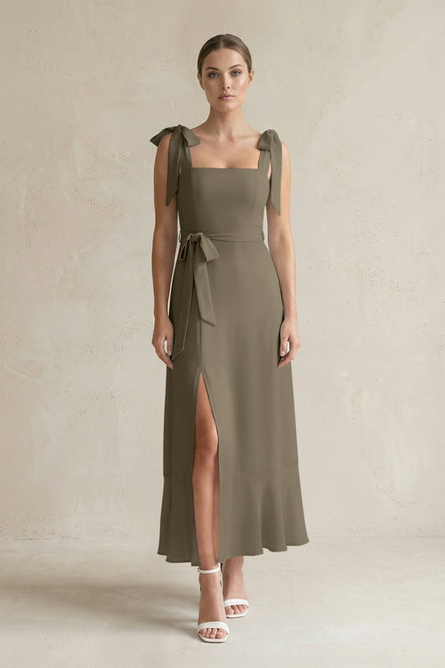 Square Neck A - Line Chiffon Midi Bridesmaid Dress with Bow in Willow Green - KissProm Bridesmaid Dresses
