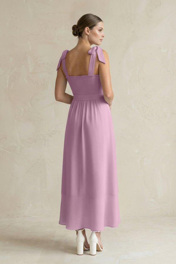 Square Neck A - Line Chiffon Midi Bridesmaid Dress with Bow in Wisteria - KissProm Bridesmaid Dresses