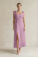 Square Neck A - Line Chiffon Midi Bridesmaid Dress with Bow in Wisteria - KissProm Bridesmaid Dresses