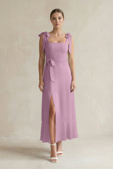 Square Neck A - Line Chiffon Midi Bridesmaid Dress with Bow in Wisteria - KissProm Bridesmaid Dresses