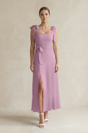 Square Neck A - Line Chiffon Midi Bridesmaid Dress with Bow in Wisteria - KissProm Bridesmaid Dresses