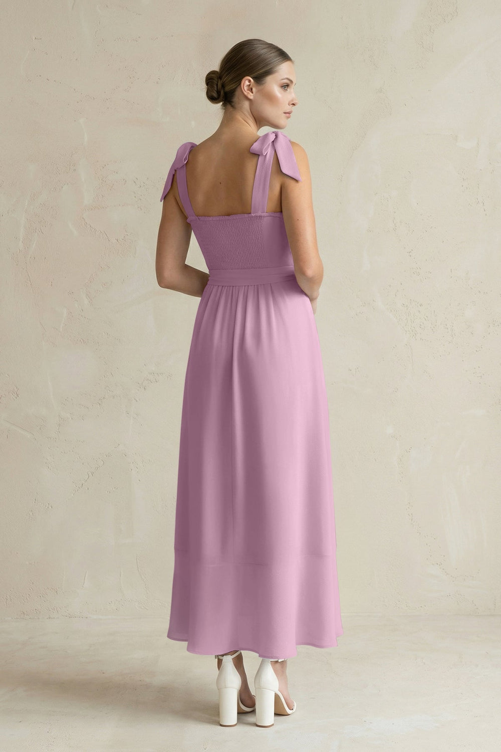 Square Neck A - Line Chiffon Midi Bridesmaid Dress with Bow in Wisteria - KissProm Bridesmaid Dresses