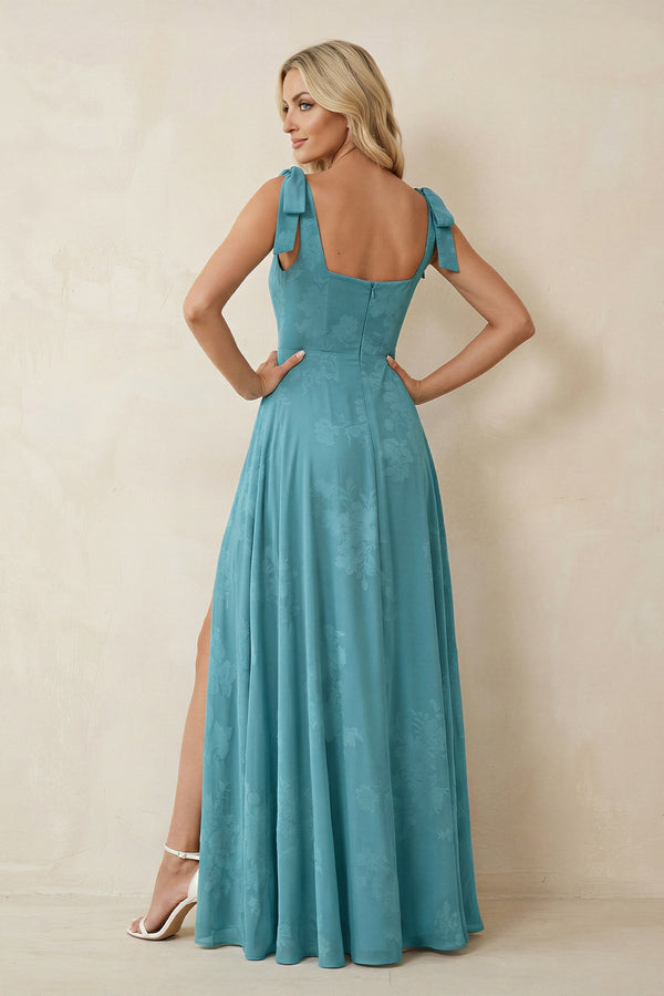 Square Neck A - Line Floral Printed Chiffon Bridesmaid Dress in Adriatic Blue - KissProm Bridesmaid Dresses