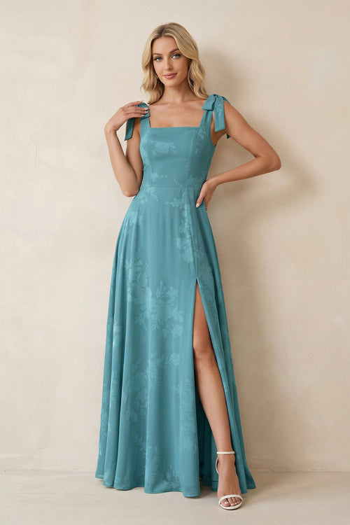 Square Neck A-Line Floral Printed Chiffon Bridesmaid Dress in Adriatic Blue, Adriatic Blue / 4 Square Neck A-Line Floral Printed Chiffon Bridesmaid Dress in Adriatic Blue, Adriatic Blue / 4