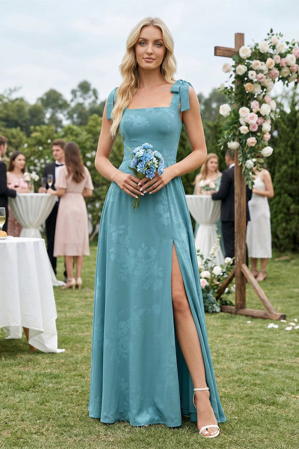 Square Neck A-Line Floral Printed Chiffon Bridesmaid Dress in Adriatic Blue, Adriatic Blue / 4