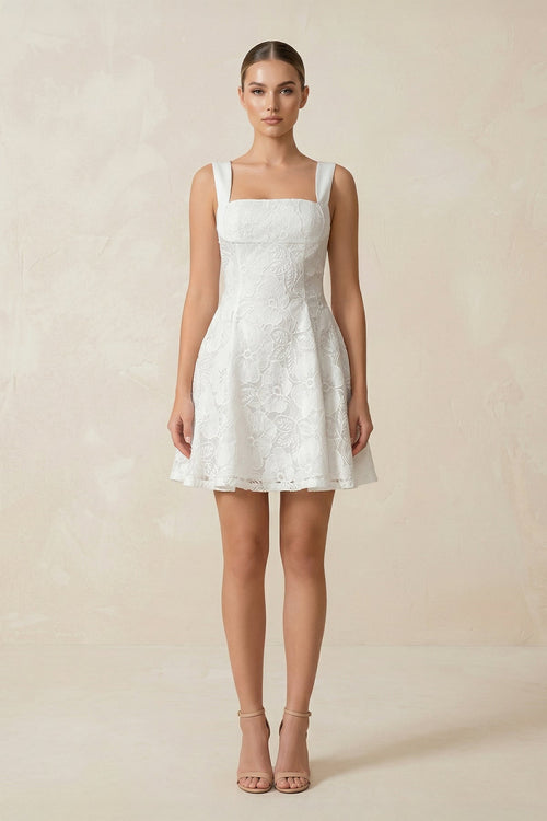 Square Neck A-Line Lace Mini Wedding Dress in White, White / Custom Size( Free ) Square Neck A-Line Lace Mini Wedding Dress in White, White / Custom Size( Free )