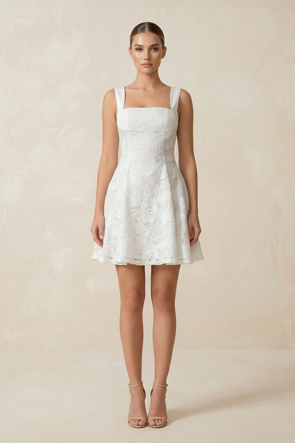 Square Neck A - Line Lace Mini Wedding Dress in White - KissProm Wedding Dresses