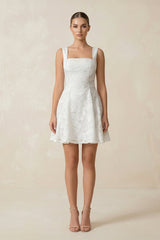 Square Neck A - Line Lace Mini Wedding Dress in White - KissProm Wedding Dresses