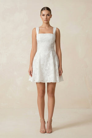 Square Neck A - Line Lace Mini Wedding Dress in White - KissProm Wedding Dresses
