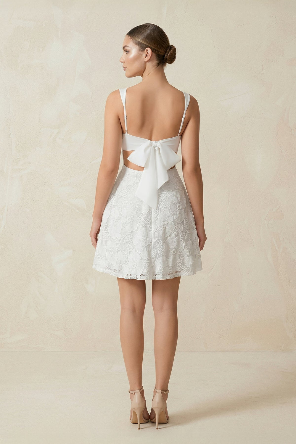 Square Neck A - Line Lace Mini Wedding Dress in White - KissProm Wedding Dresses