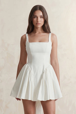 Square Neck A - Line Ruffled Mini Wedding Dress With Back Bow in Ivory - KissProm Wedding Dresses