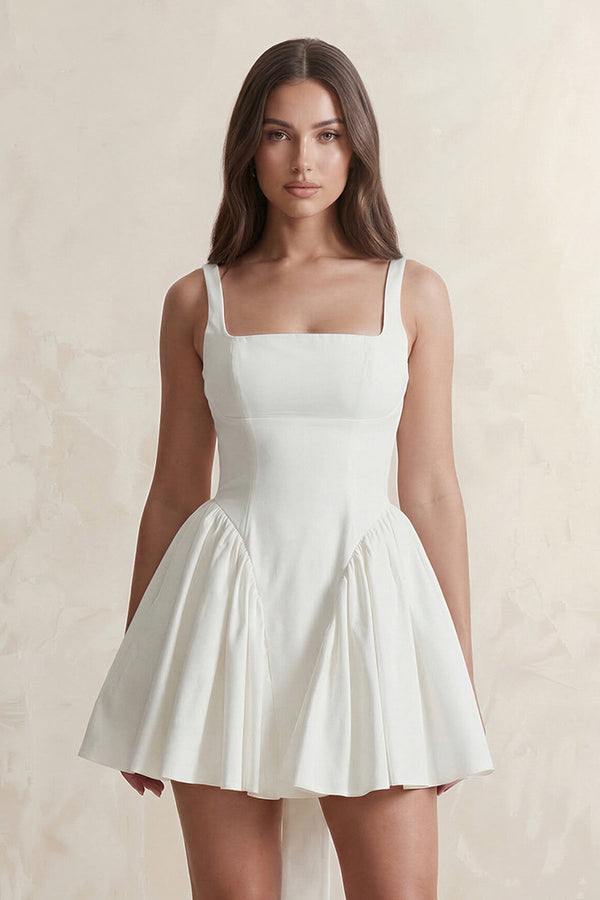 Square Neck A - Line Ruffled Mini Wedding Dress With Back Bow in Ivory - KissProm Wedding Dresses
