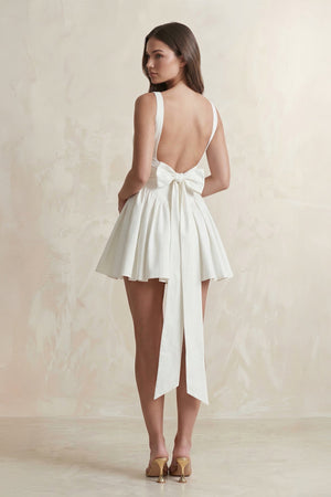 Square Neck A - Line Ruffled Mini Wedding Dress With Back Bow in Ivory - KissProm Wedding Dresses